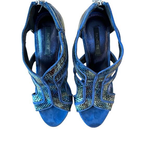 Rachel Zoe Heels Size 8 Peggy Style Real Snakeskin Kid Suede Blue Black Zipper - Picture 4 of 11